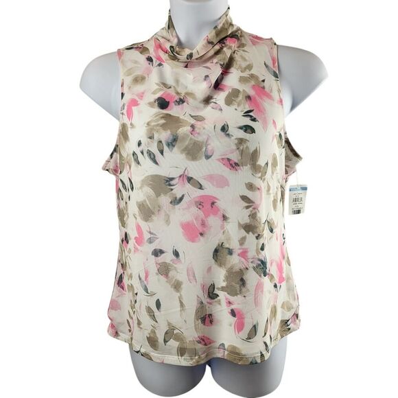 NEW Vince Camuto Large Mesh Mock Neck Sleeveless Blouse Pink White Petal Print - Picture 3 of 10